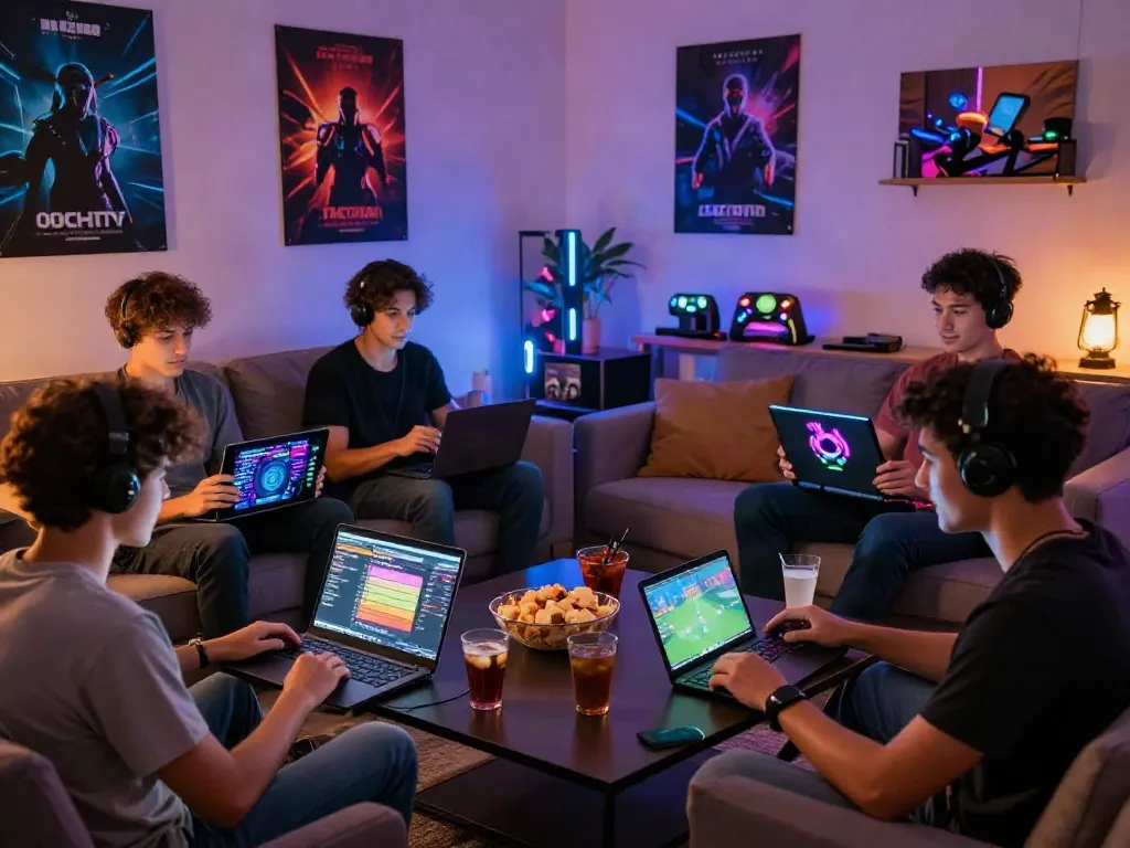 Young adults enjoying nbet online gaming in a vibrant living room