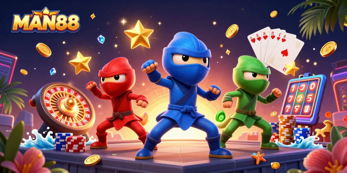Experience thrilling wins at MAN88 with ninja chameleons and vibrant casino elements in action.
