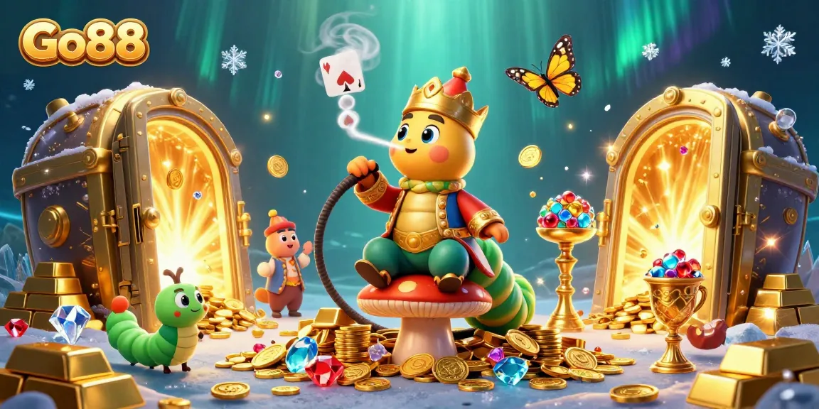 Engage in thrilling gameplay at Go88, featuring an enchanting 3D scene with poker elements and vibrant treasures.