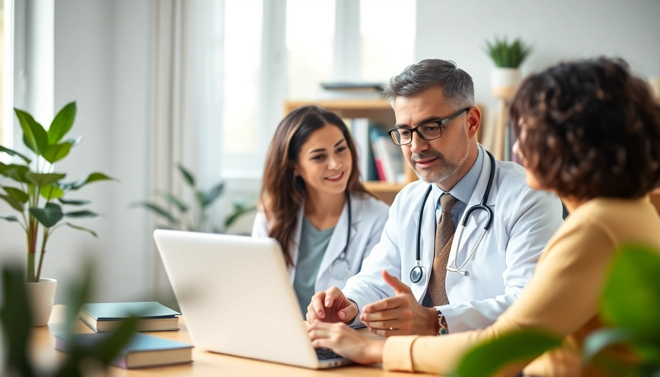Talk to a doctor online without appointment through a laptop in a modern home office setting.