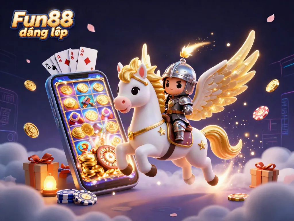 Experience the thrill of Fun88 đăng nhập with a dynamic casino-themed 3D scene filled with gaming excitement.