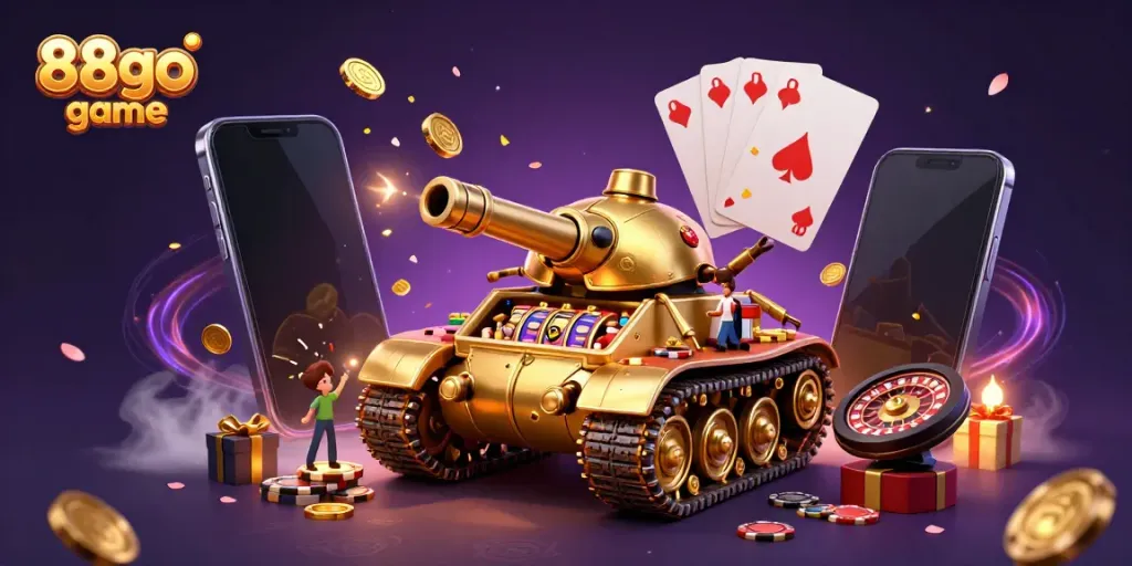 Experience the thrill of 88go game with a vibrant 3D casino scene featuring a golden beetle tank and exciting game elements.