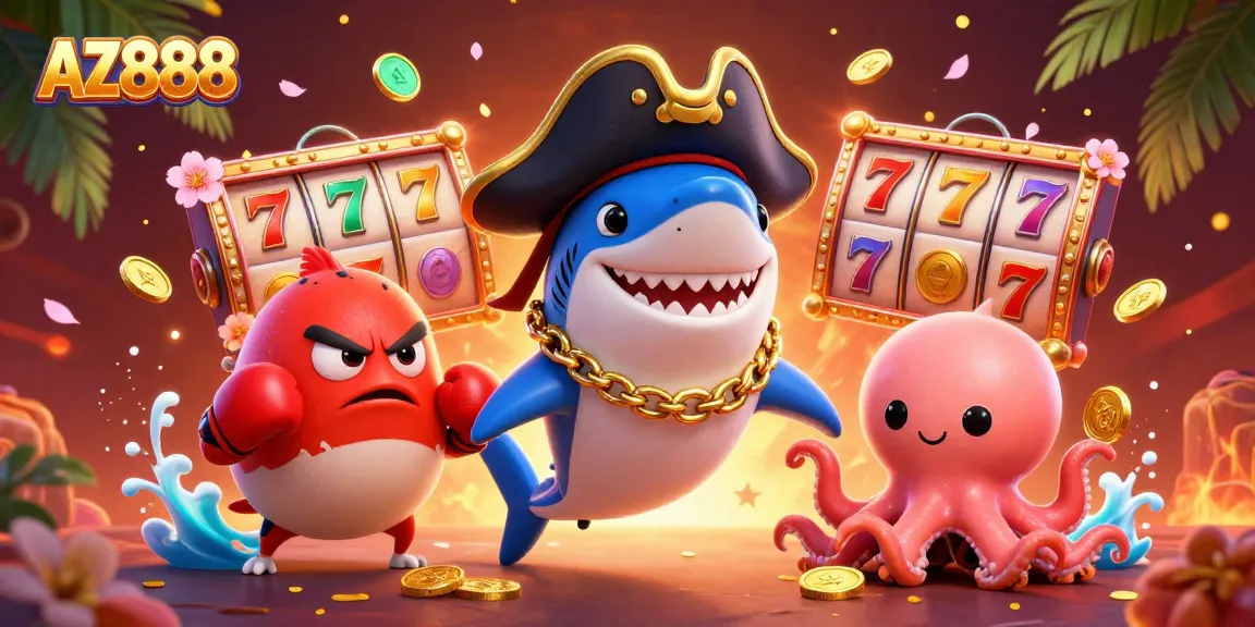 Experience the thrill of AZ888 with vibrant casino characters and dynamic slot game elements.