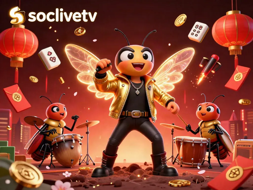 Engage in thrilling gameplay with socolivetv as a rock star character leads a vibrant performance surrounded by gambling elements.