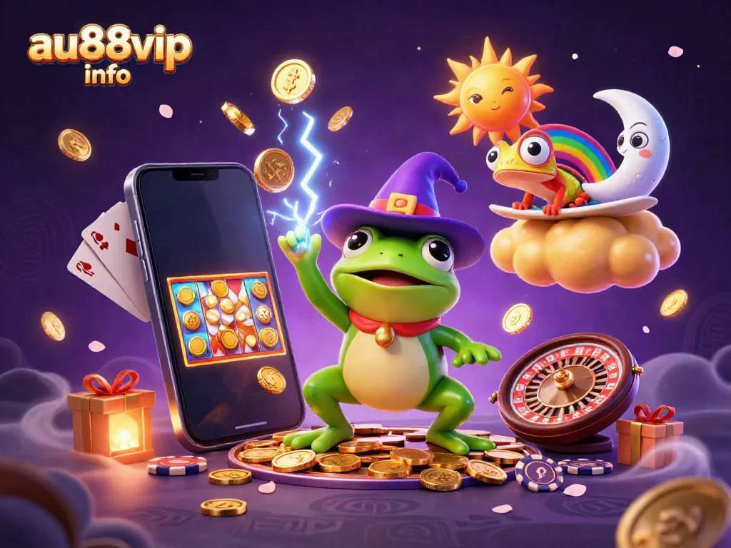 Experience the magic of au88vip info with a cartoon weather wizard frog and a rainbow chameleon amidst casino games.