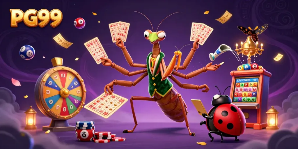 Engage in thrilling gaming at PG99 with a vibrant scene of a card sharp and a pit boss amid dynamic casino elements.