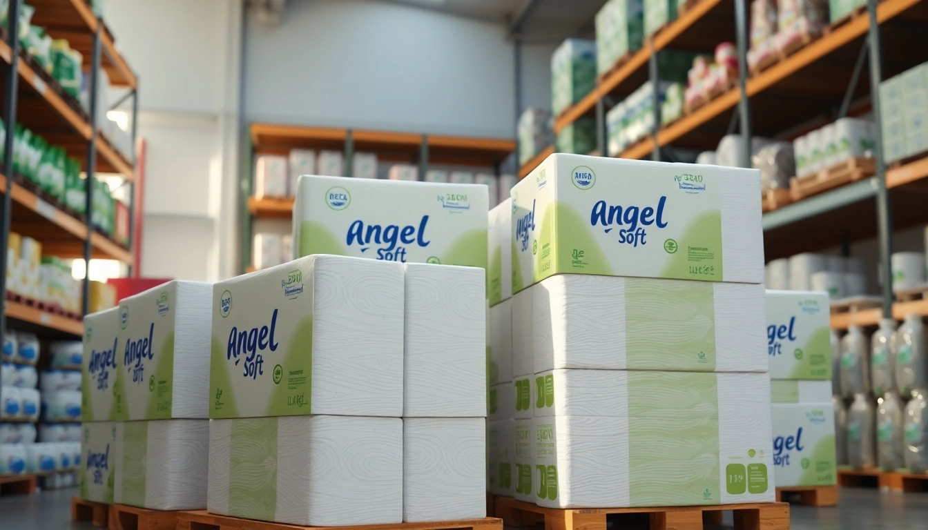Shop Angel Soft Toilet Paper Pallets stacked neatly in a bright warehouse for easy access.