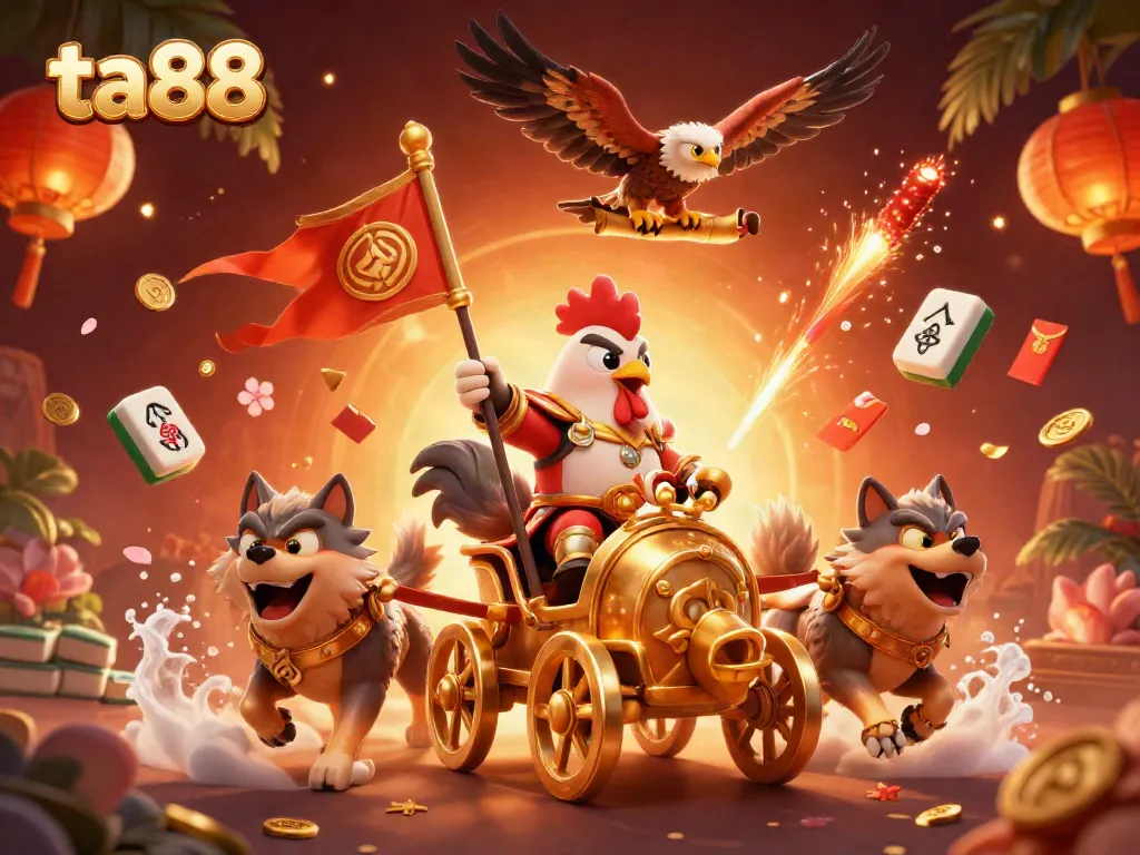 Experience thrilling action with ta88 as a rooster warlord commands a golden chariot, symbolizing victory.