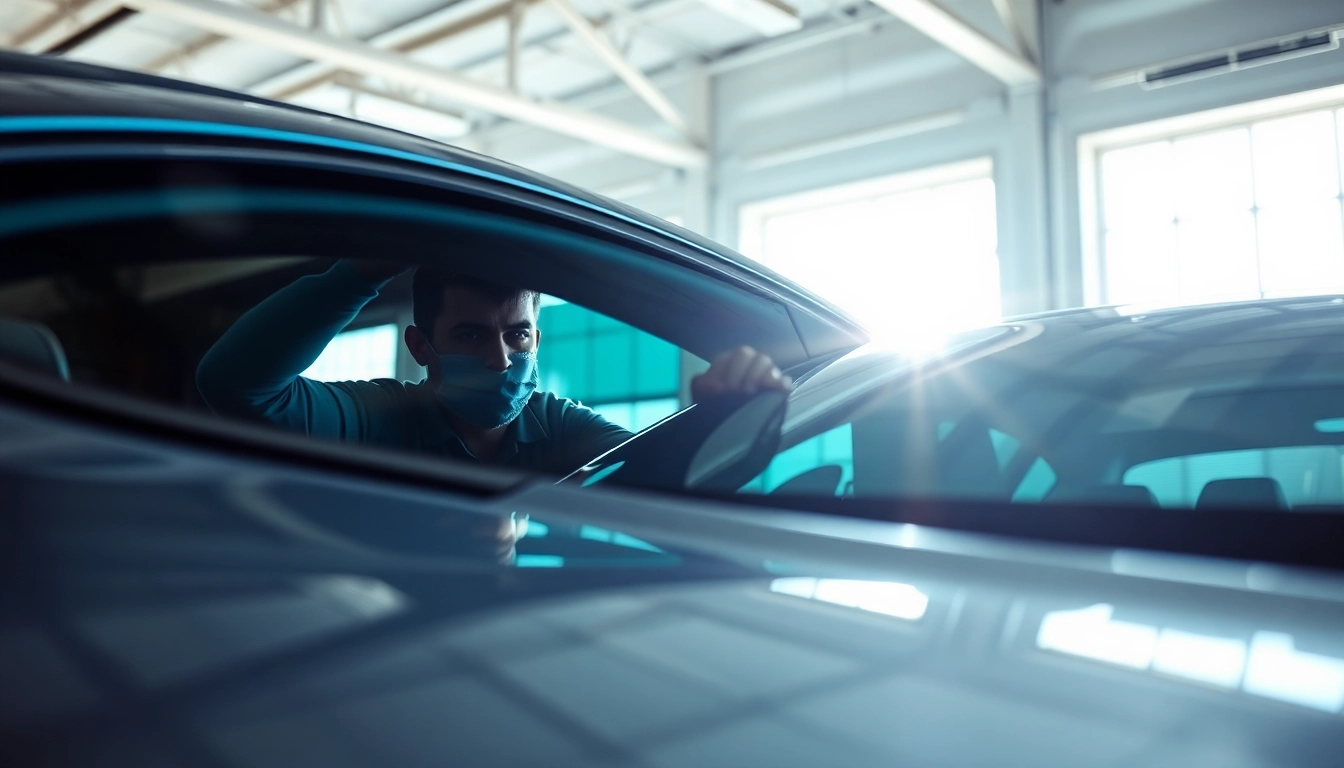 Enhancing window tint Chattanooga on a sleek vehicle in a bright garage setting.