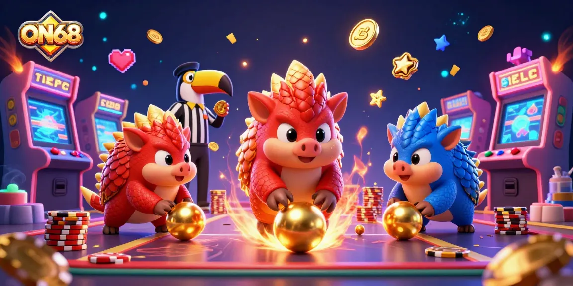 ON68 casino pangolins compete in vibrant 3D arcade gaming scene with glowing elements.