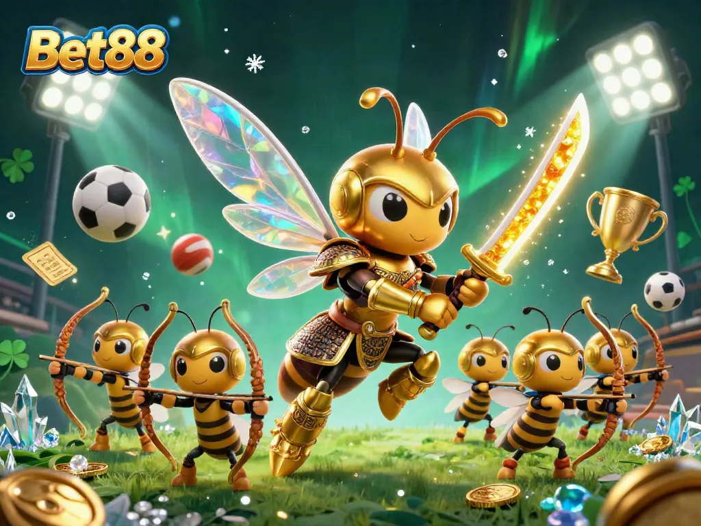 Experience Bet88 with a vibrant 3D scene showcasing a golden hornet in samurai armor wielding katanas, surrounded by dynamic sports elements.