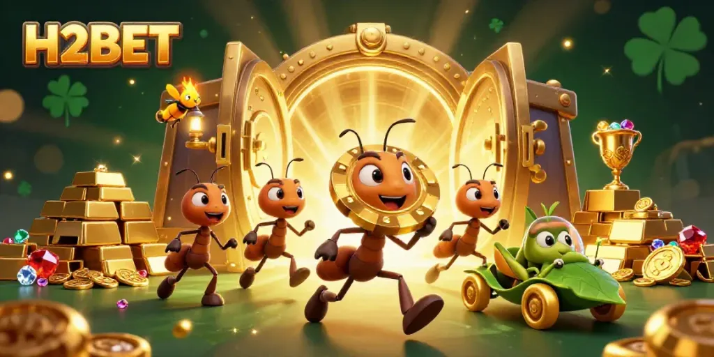 Ants carrying a giant golden chip in a casino heist for H2BET, filled with treasures.