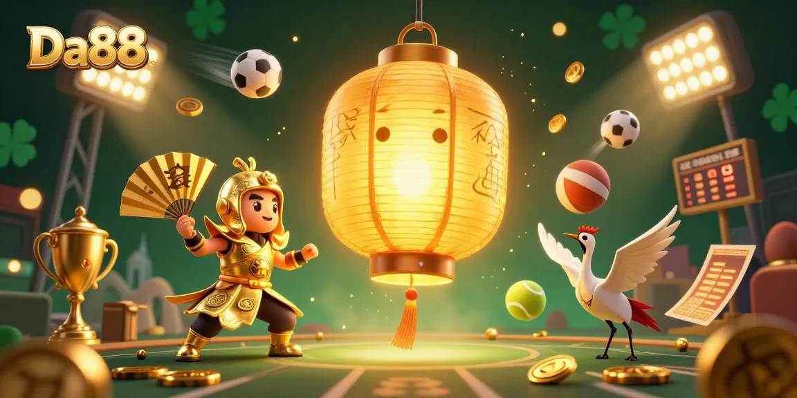 Experience the thrill of Da88 in this dynamic casino scene with golden lantern spirits and sports elements.