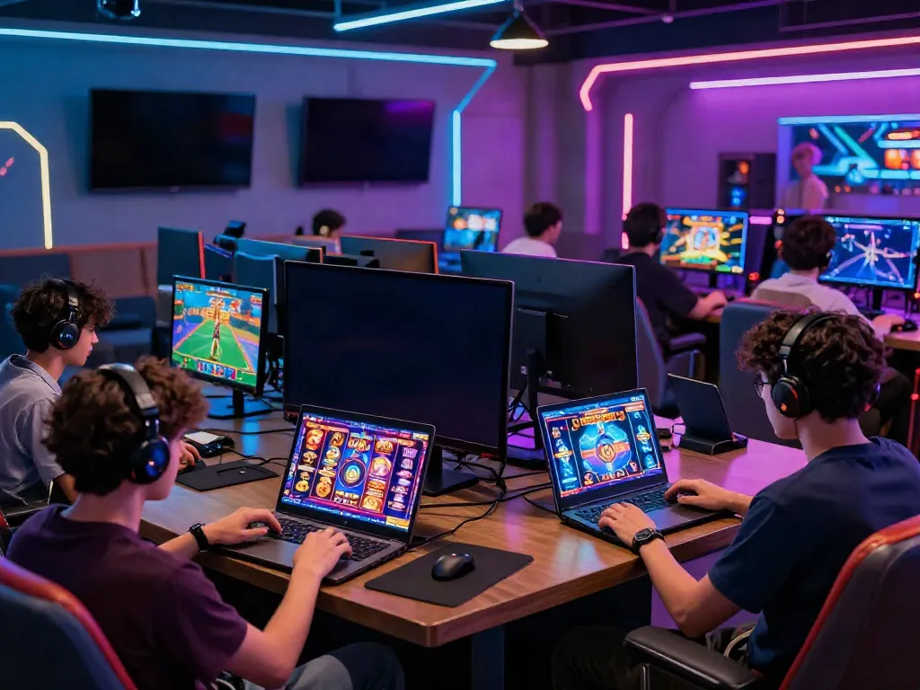 Nohuwin online gaming scene showcasing players engaged in vibrant slot games with modern devices.