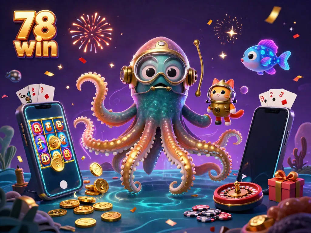 Experience thrilling gameplay with 78 win's animated kraken and diving cat, enriching your gaming adventure.