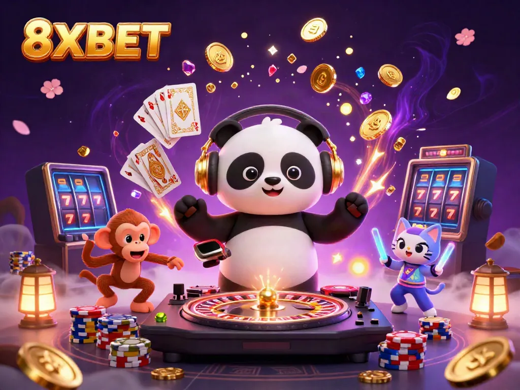 Experience the vibrant energy of 8XBET with a DJ panda, breakdancing monkey, and glow-stick kitten amid dazzling casino elements.