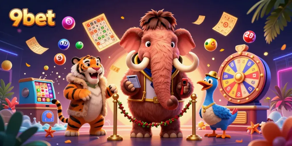 Engage with 9bet's thrilling casino atmosphere featuring a woolly mammoth bouncer, a saber-tooth tiger, and vibrant lottery elements.