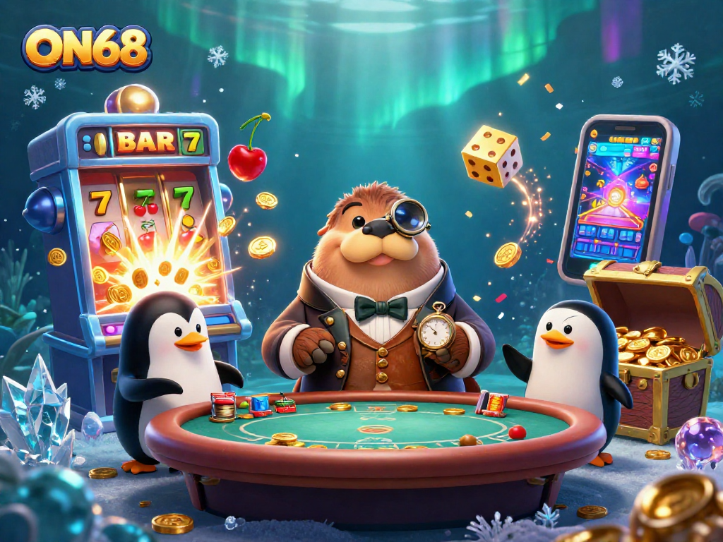 Engage with ON68's vibrant gaming scene featuring a walrus, penguin dealer, and pufferfish in an underwater poker game.