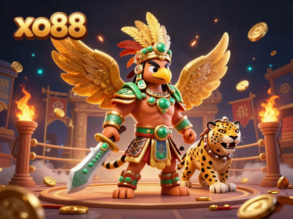 Experience thrilling gaming with xo88 featuring Aztec warriors and casino elements in a vibrant arena.