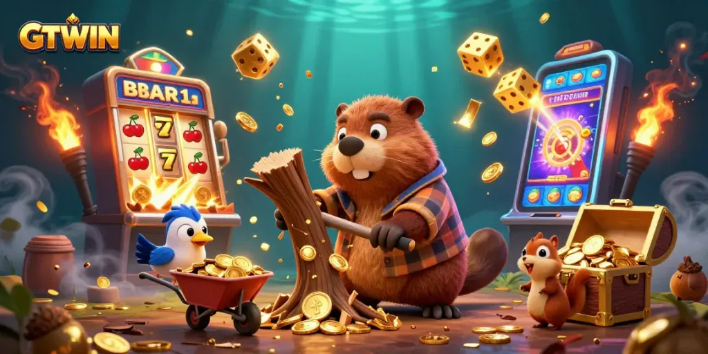 Experience the excitement of GTWIN with a vibrant casino scene featuring lucky symbols, gold coins, and engaging characters.