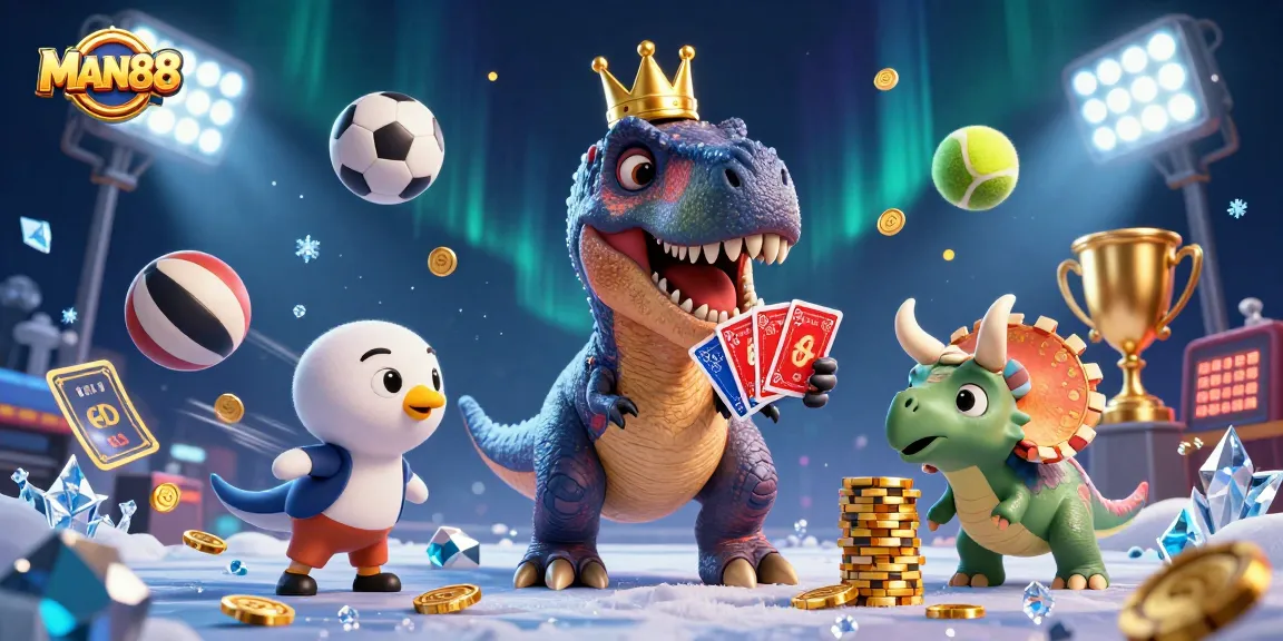 Watch the friendly MAN88 T-Rex shuffle cards while a pterodactyl assists in a vibrant casino scene.