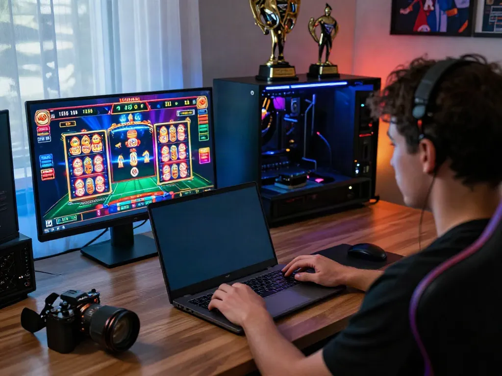 Player enjoying gem88 live casino gaming experience at home with vibrant graphics.
