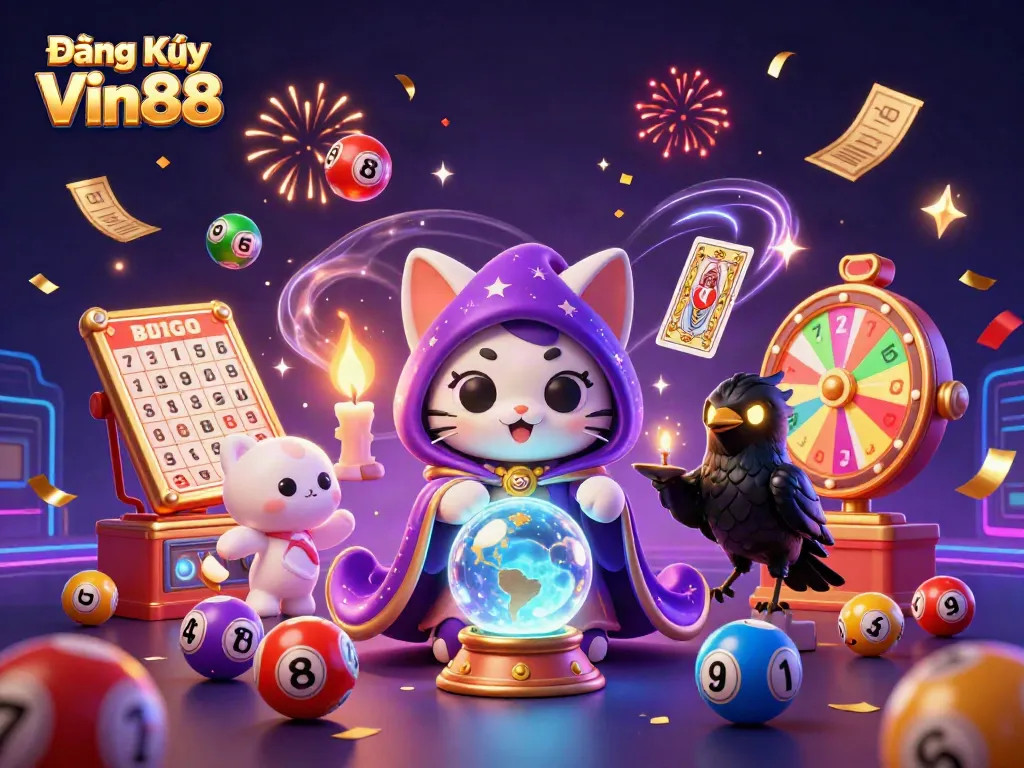 Get ready to play with Đăng Ký Vin88's vibrant casino features featuring a mystical cat fortune teller and lively game elements.
