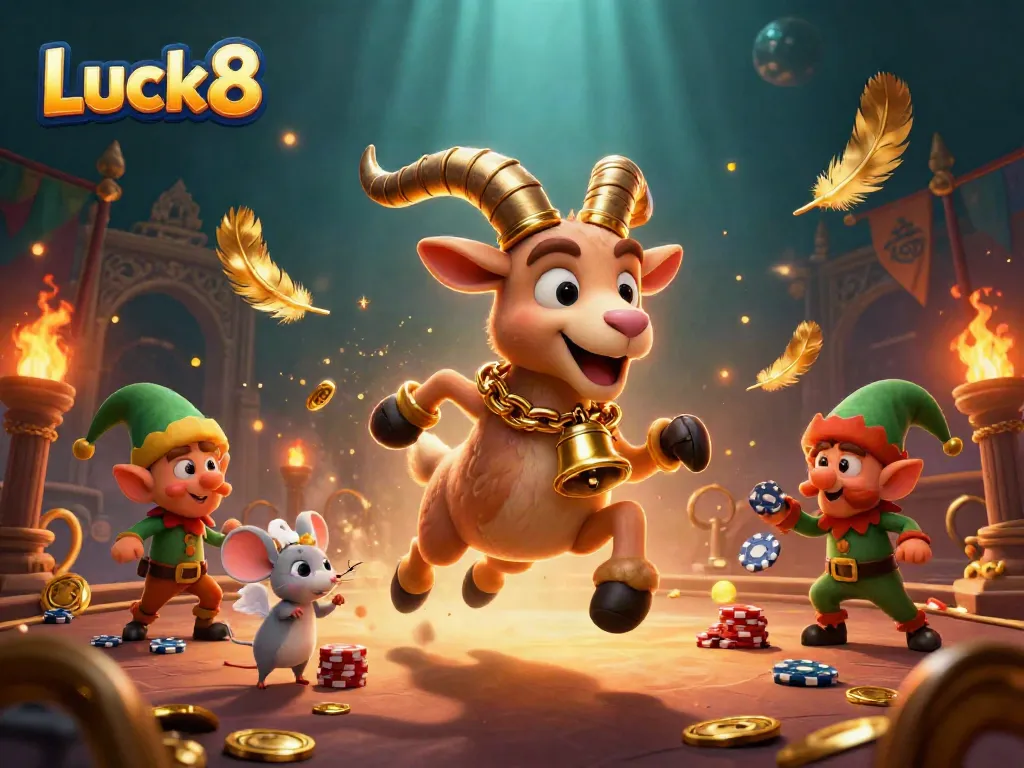 Luck8 casino scene showing a Krampus goat, angel mouse, and elf gremlins interacting dynamically amidst swirling golden feathers and poker chips.