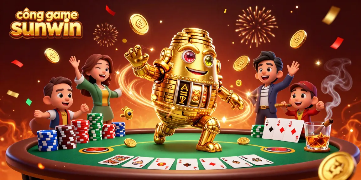 Spin and win big at cổng game sunwin with this vibrant illustration featuring a golden golem and poker elements.