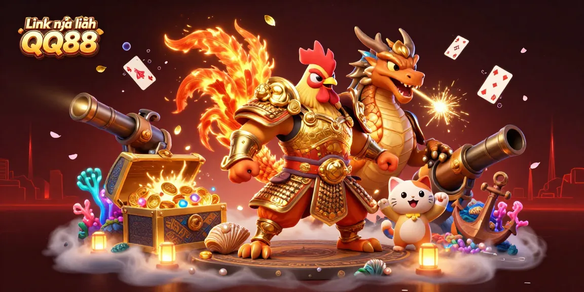 Experience thrilling gaming action at Link mới nhất QQ88 with dynamic characters in a rich, illustrative casino scene.