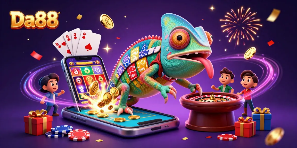 Experience Da88 with the vibrant chameleon casino owner catching golden coins in a dazzling scene.
