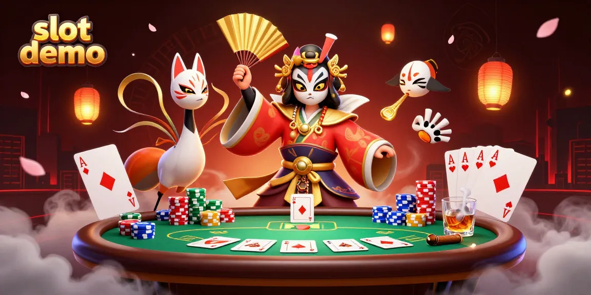 Slot demo menampilkan karakter kabuki dan elemen kasino dengan taruhan poker yang menegangkan.
