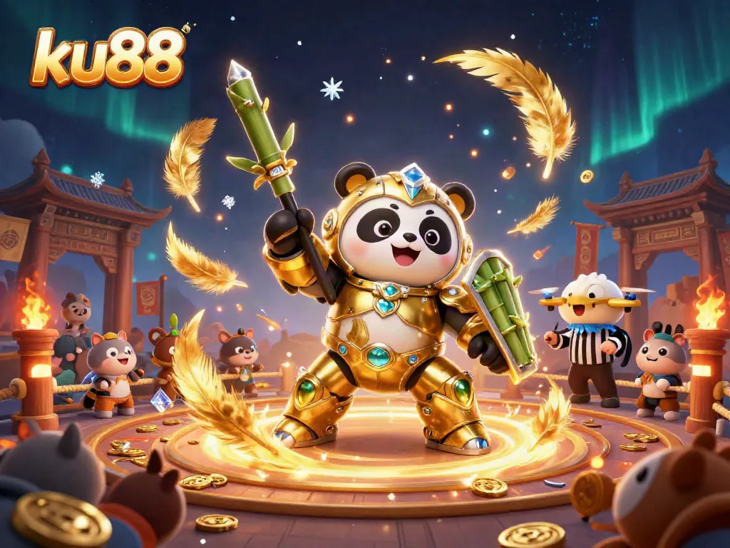 ku88 casino illustration featuring a mech-suit panda in a vibrant betting arena with cheering spectators.