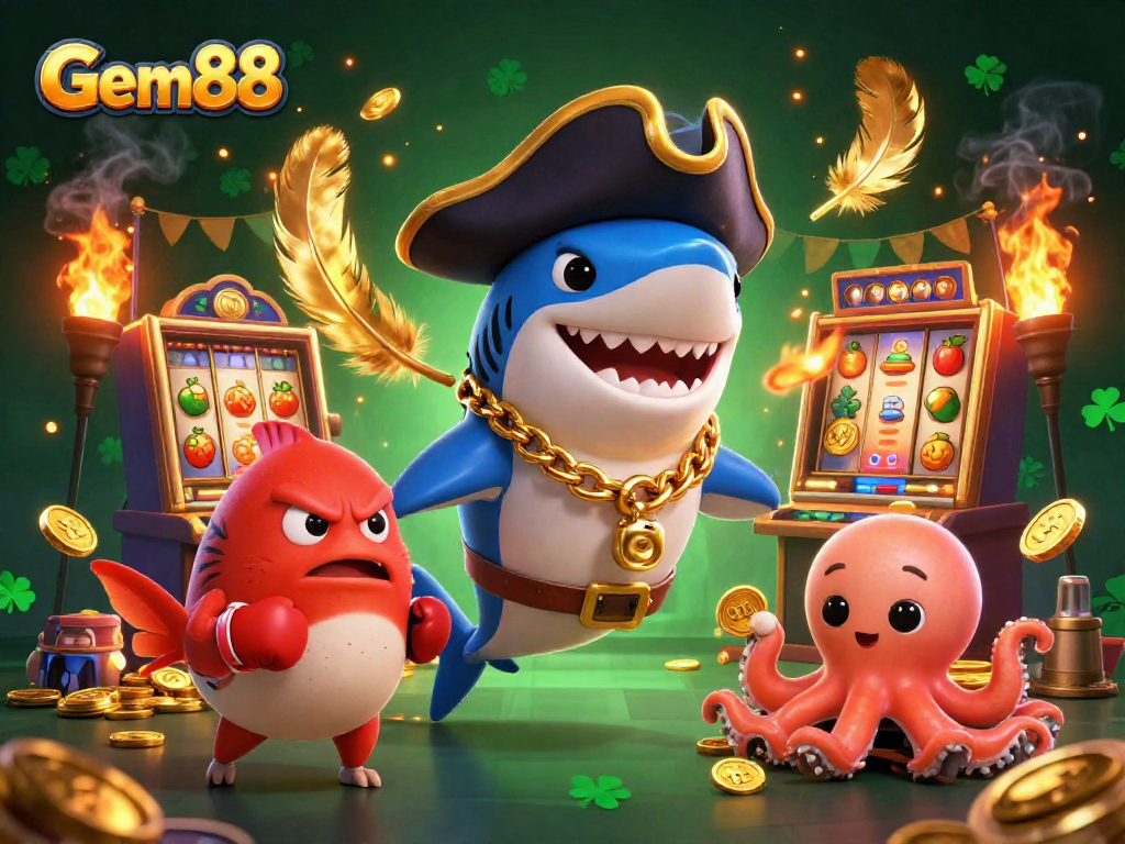 Gem88 slot machine excitement with playful pirate shark, pufferfish, and octopus in an engaging casino scene.