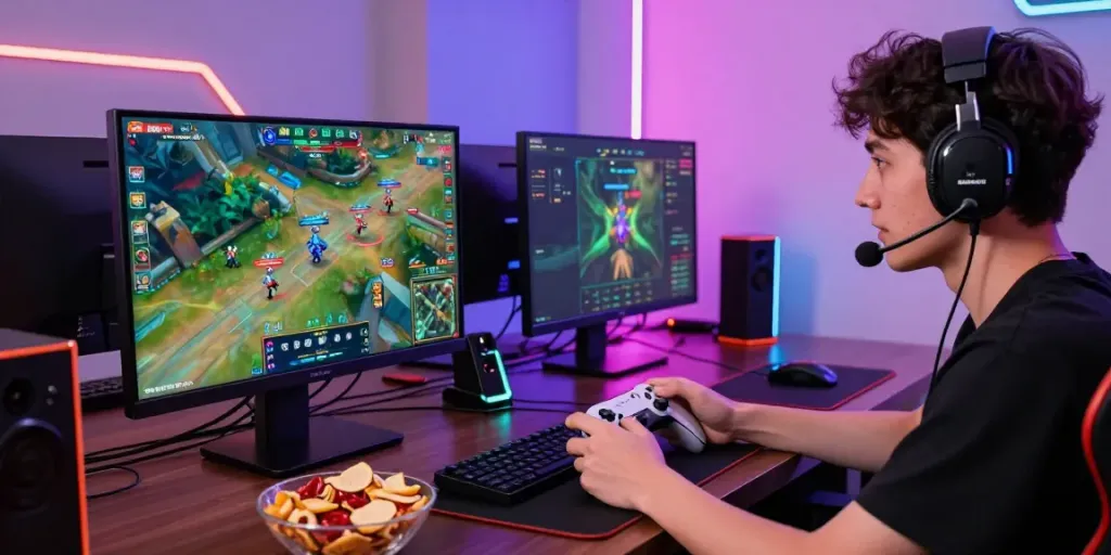 Engaged gamer using Du88 for online betting with dual monitors and vibrant setup.