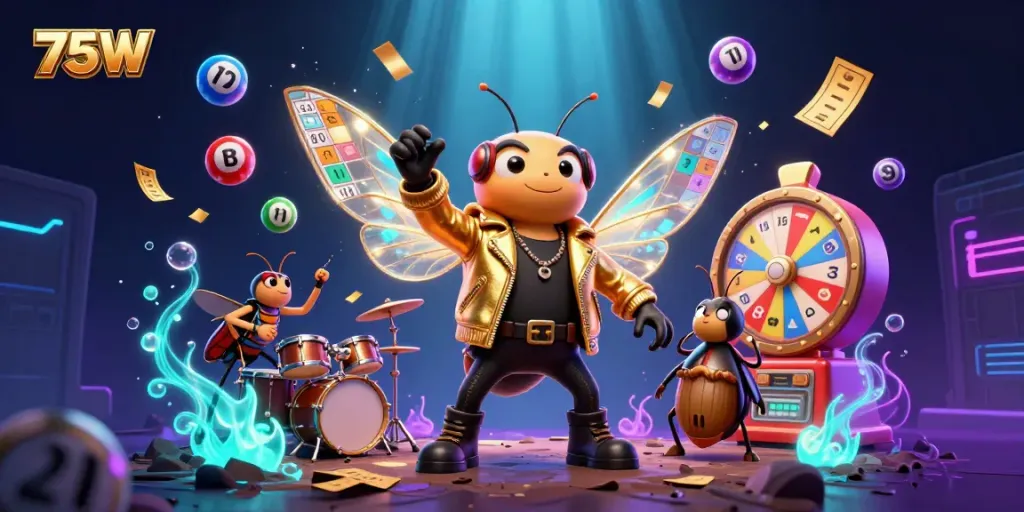 Engage with the vibrant casino scene featuring a cicada rock star, drummer beetle, and dynamic lottery elements representing 75W.