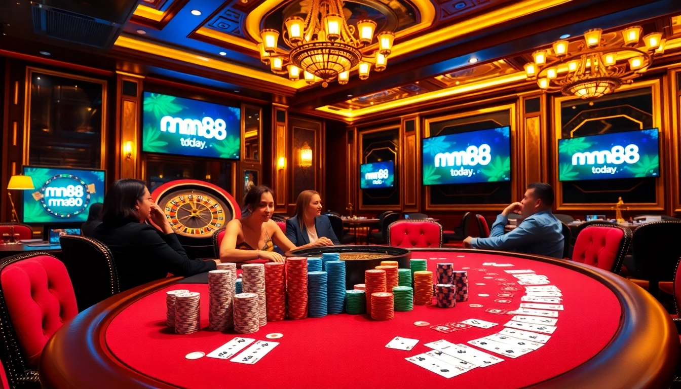 Experience thrilling gameplay at https://mm88.today/ with vibrant poker chips and cards at a luxurious casino.