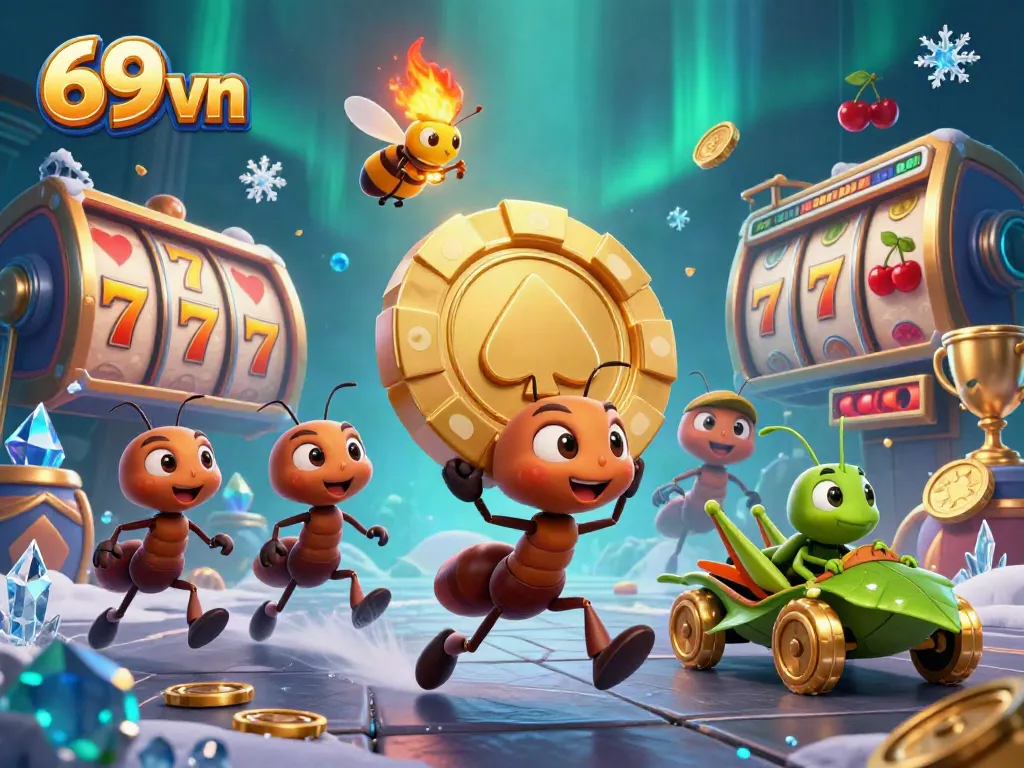 Experience thrilling wins at 69 vn with ants carrying a giant poker chip through a casino heist scene.