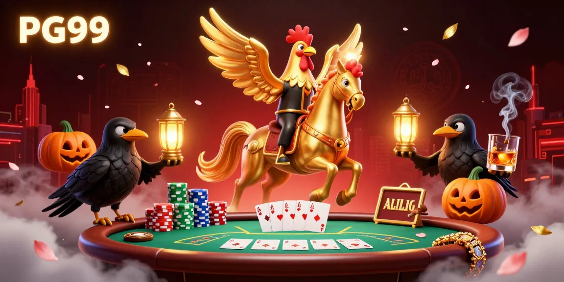 Engage with PG99 at a vibrant casino, featuring a golden rooster and crow companions amidst poker excitement.