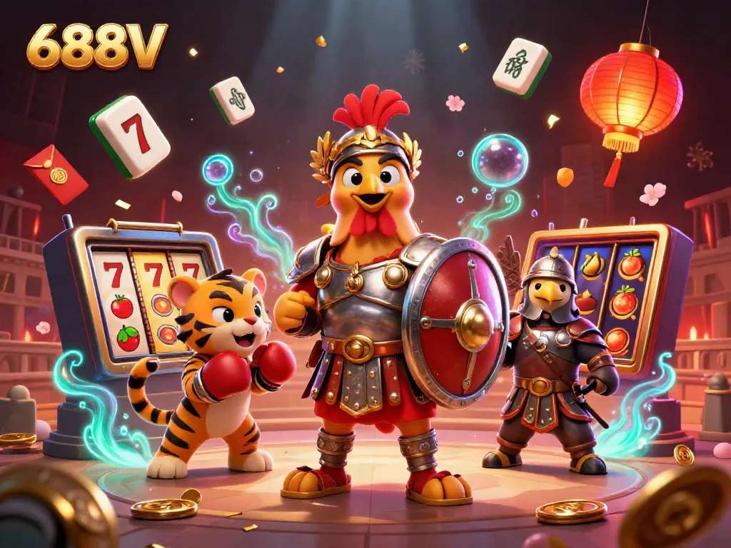 Experience 688V with a vibrant casino scene featuring a gladiator rooster and dynamic game elements.