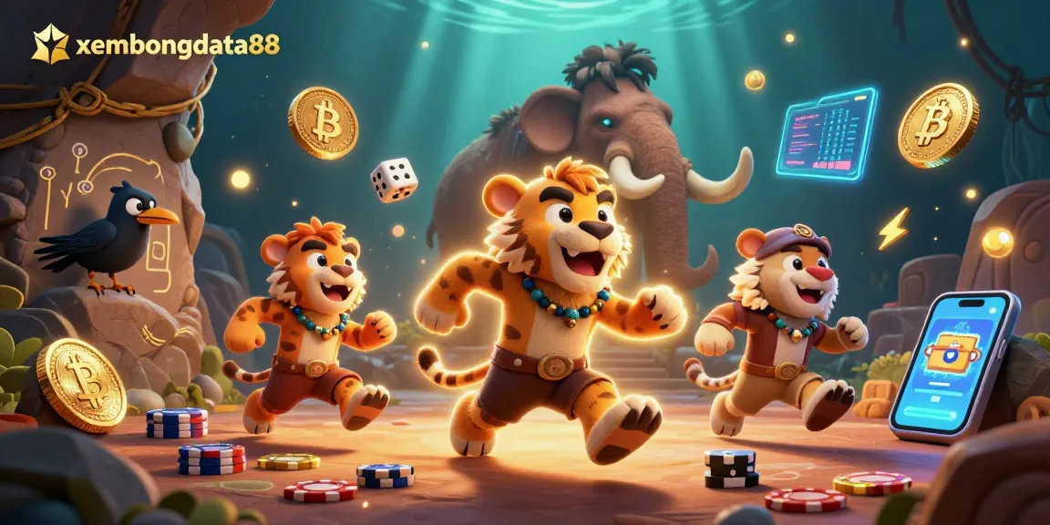 xembongdata88 ignites casino excitement with a lively 3D caveman scene featuring crypto elements