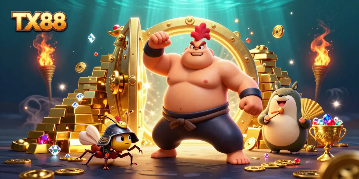 TX88 showcases an intense gaming scene with a powerful sumo wrestler, a fierce cricket, and treasure elements.