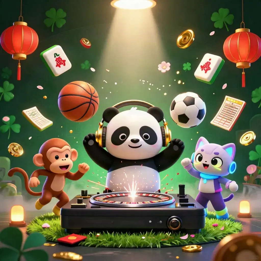 Panda DJ, macaco dançarino e gatinho neon com bolas, confetes e luz de estádio.
