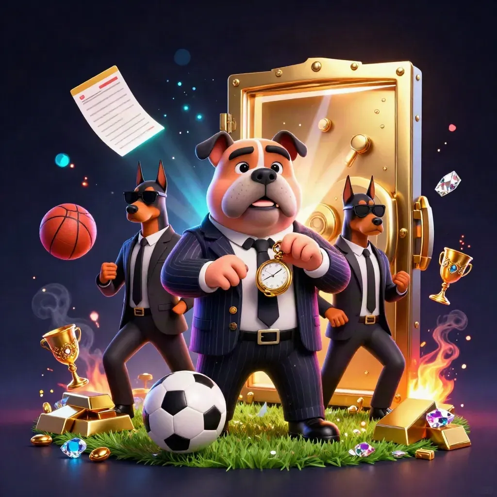 Bulldog mafioso e dois dobermans, bola de futebol, luz dourada e clima neon premium.