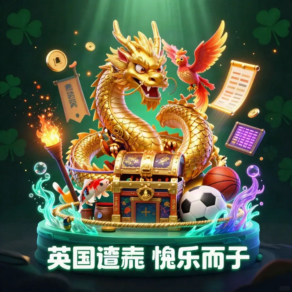 Dragão dourado com fênix, koi, moedas e neon sobre fundo verde-escuro.