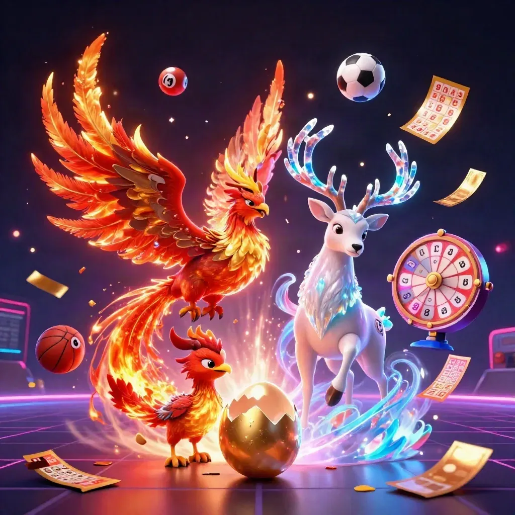 Phoenix de fogo, cervo místico e filhote emergem com bolas e luz neon.