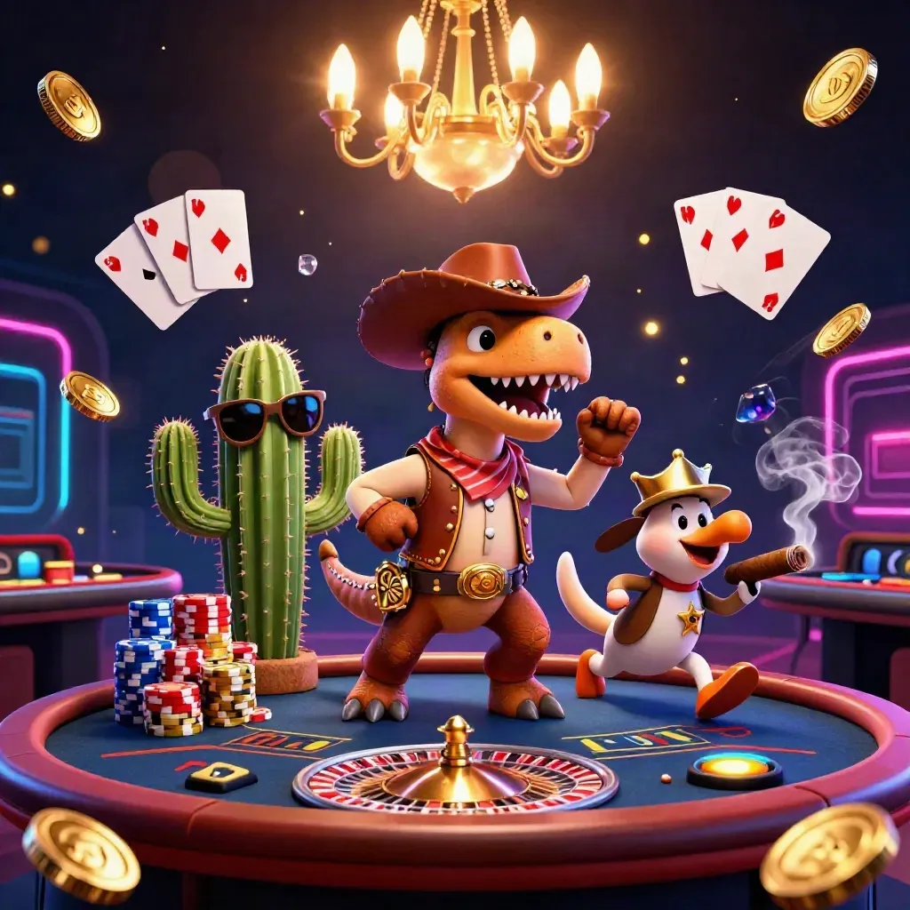 T-Rex cowboy, cacto de óculos e ave xerife cercados por moedas e luz neon.