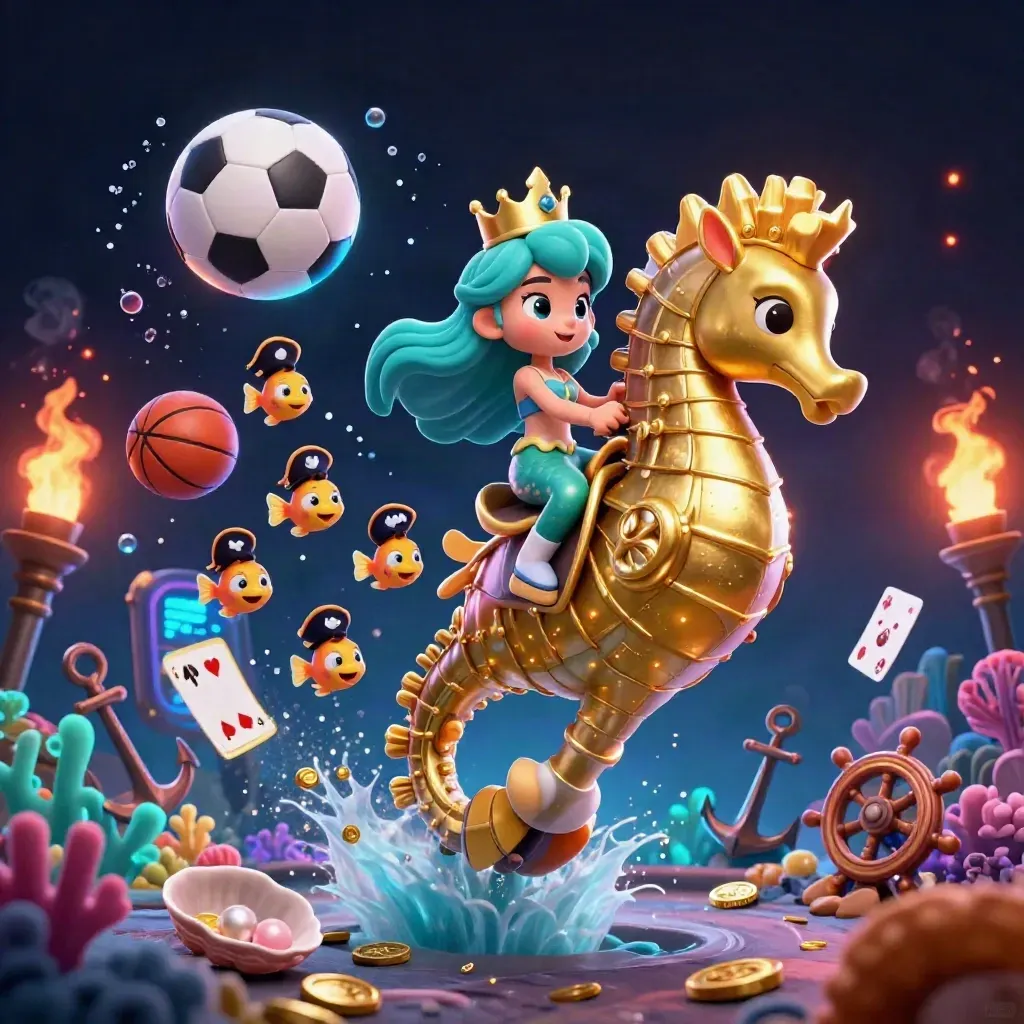 Sereia princesa montada em cavalo-marinho cercada por peixes piratas e moedas.