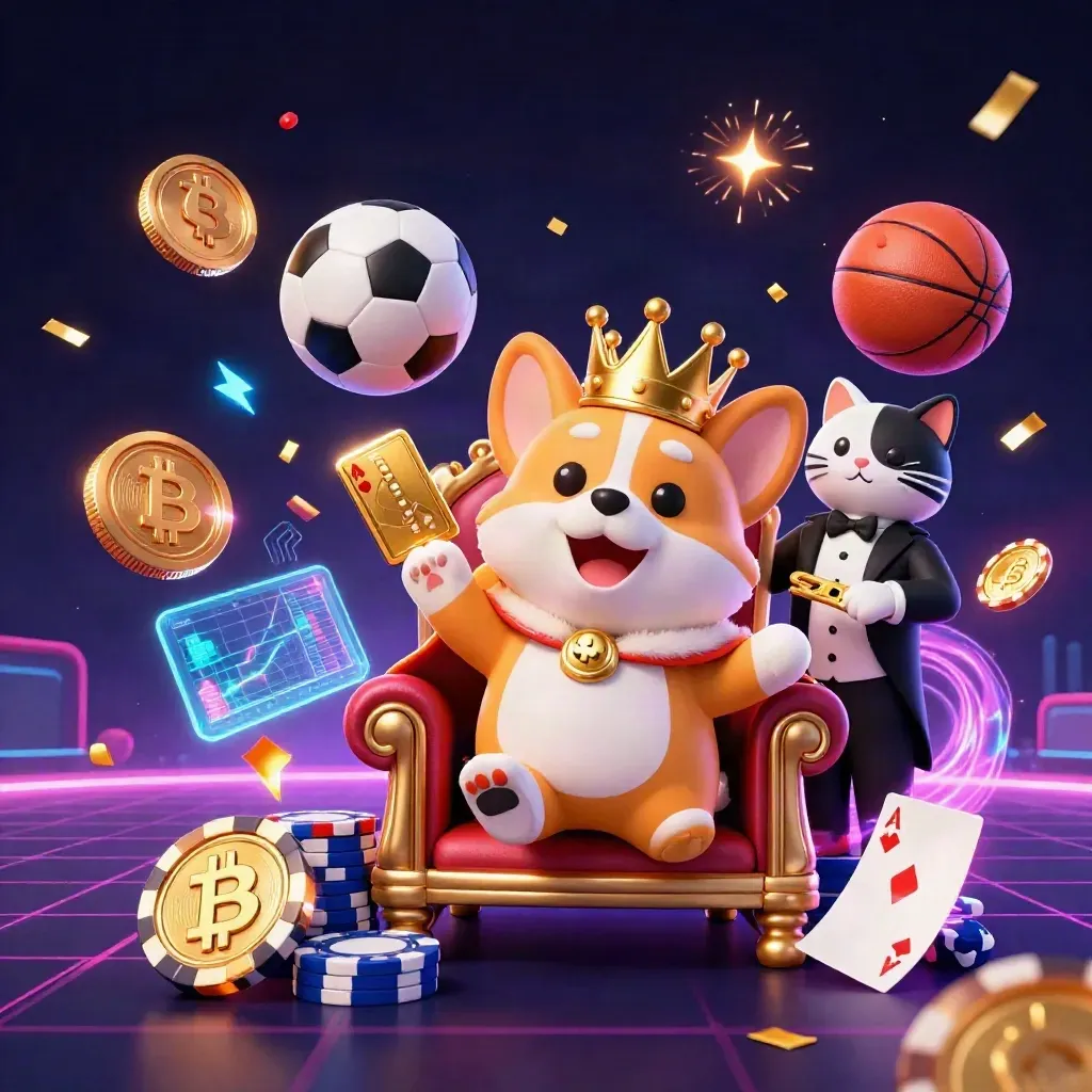 Corgi rei e gato mordomo em cassino neon com moedas e bolas esportivas