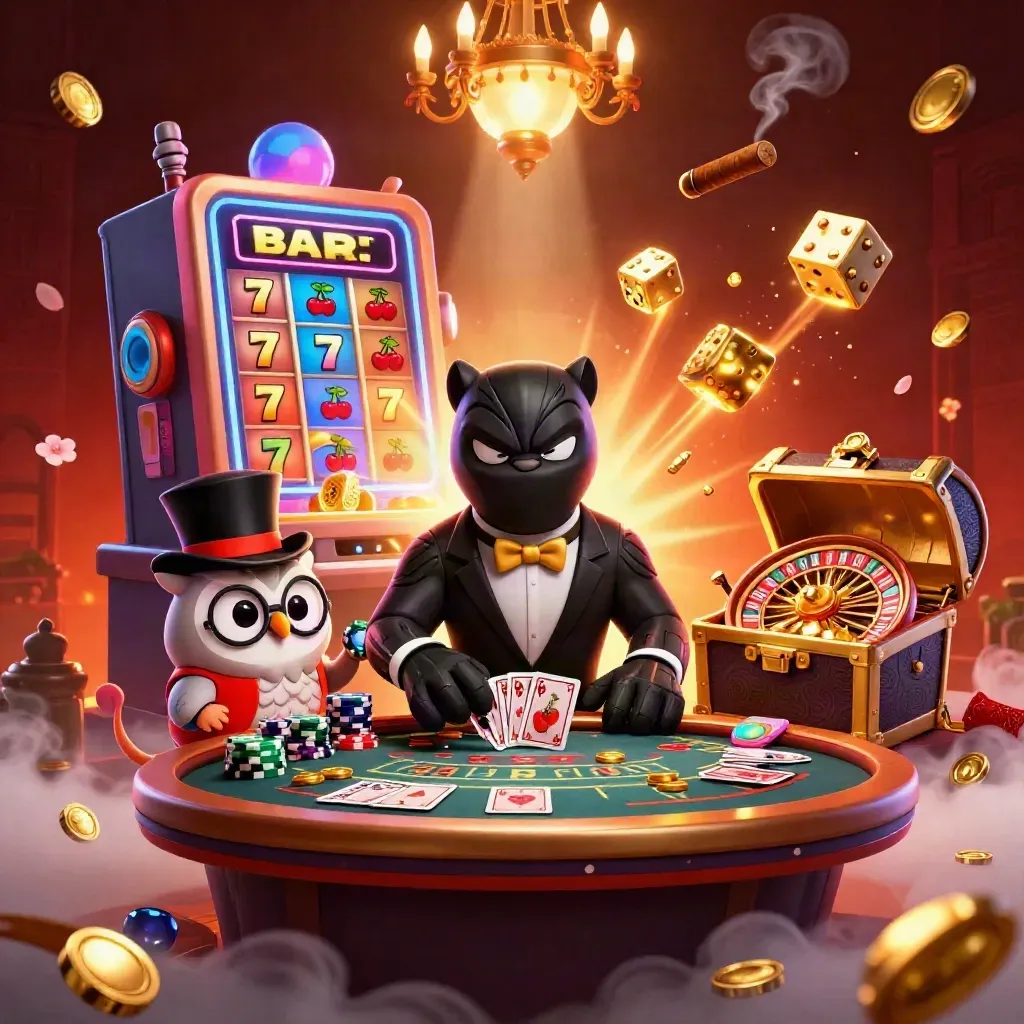 Pantera, coruja e rato em cassino neon com slots, roleta, dados e ouro luxuoso.